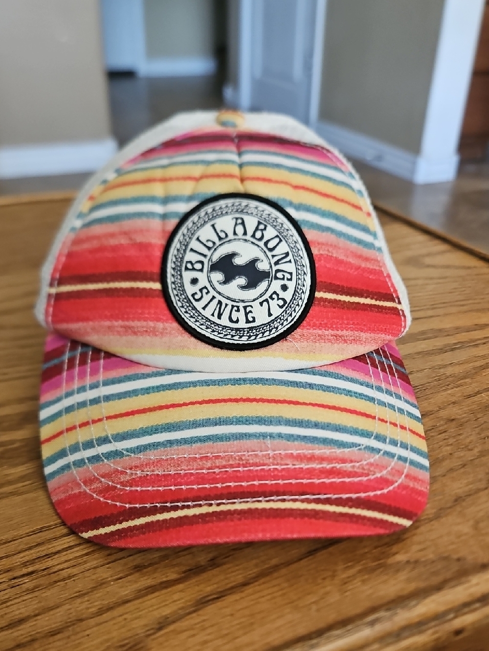 Billabong Snapback Trucker Baseball Hat Stripes Cream Red Pink Yellow Teal Cap - Picture 6 of 9